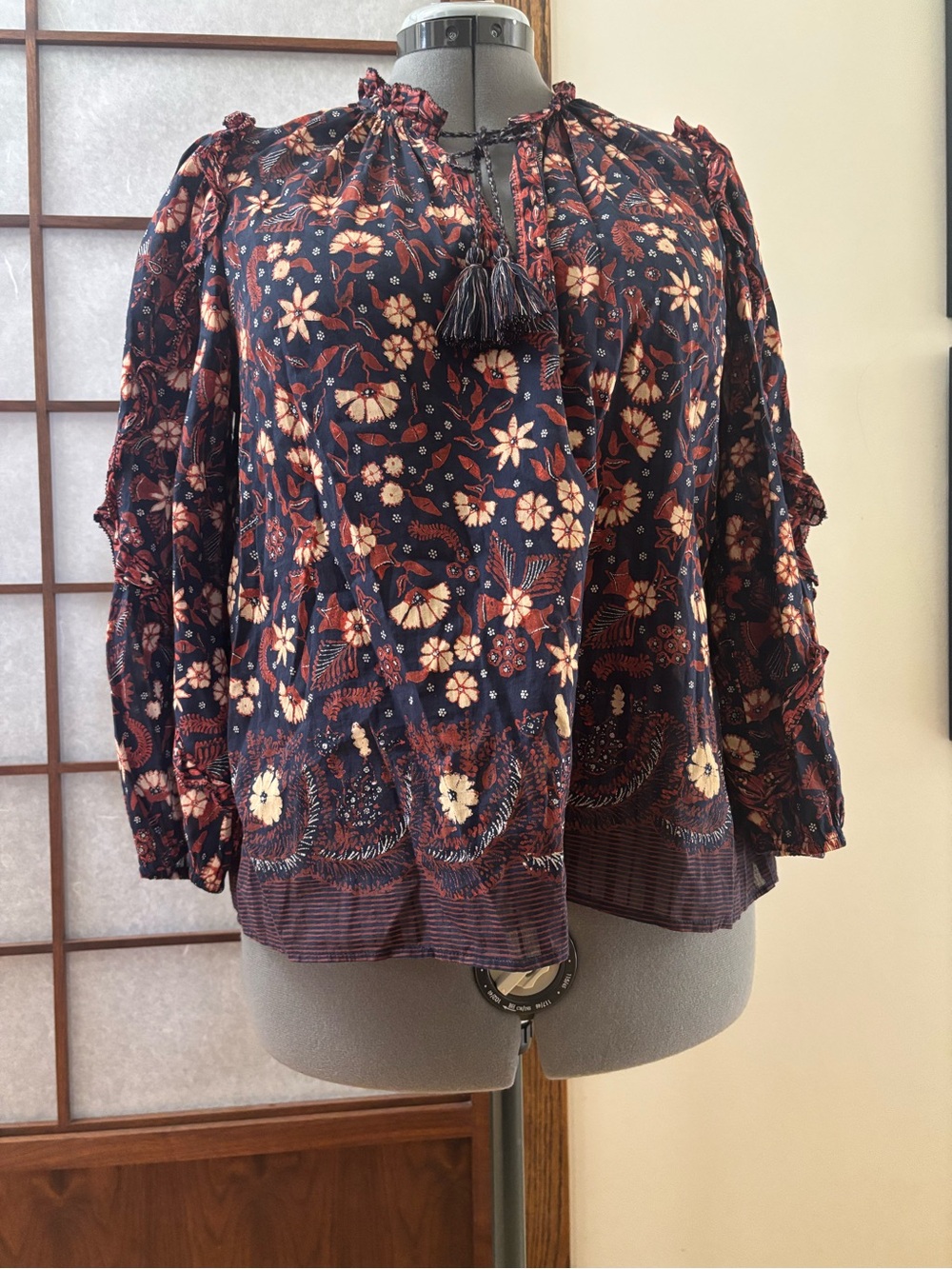 VGUC Ulla Johnson Azalea Floral Ruffle Blouse in Navy, Rust & Light Orange US 6